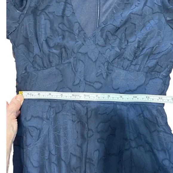 Lulus Navy Blue Floral Burnout Wide Leg Jumpsuit XS V-Neck Flutter Sleeve Formal